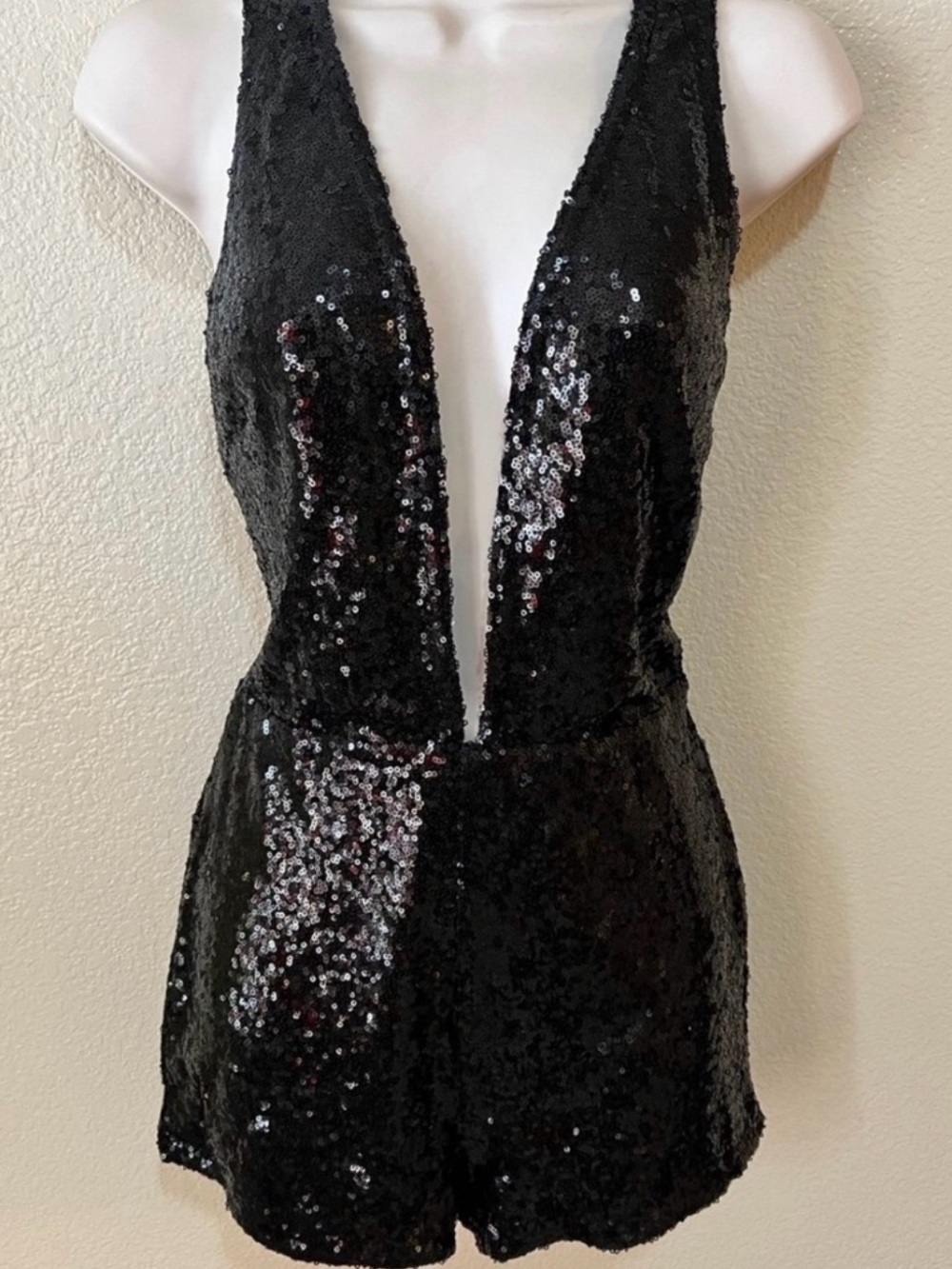 Fashion Nova Black Sequin Plunge V-Neck Mini Dress